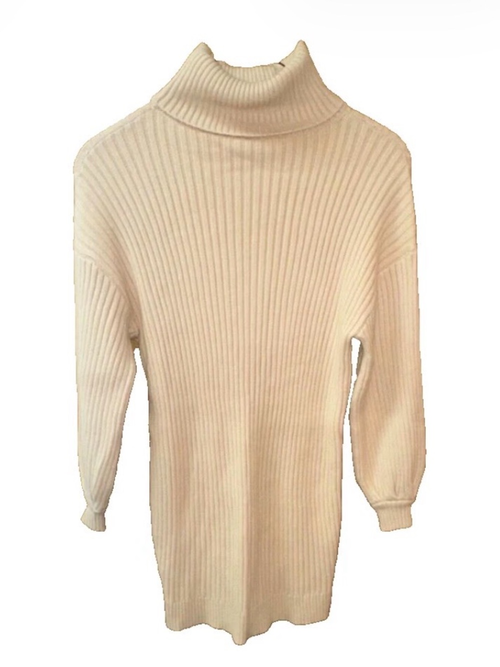 Women’s Beige Cream Knit Long Sleeve Turtleneck Ribbed Sweater Dress Size L